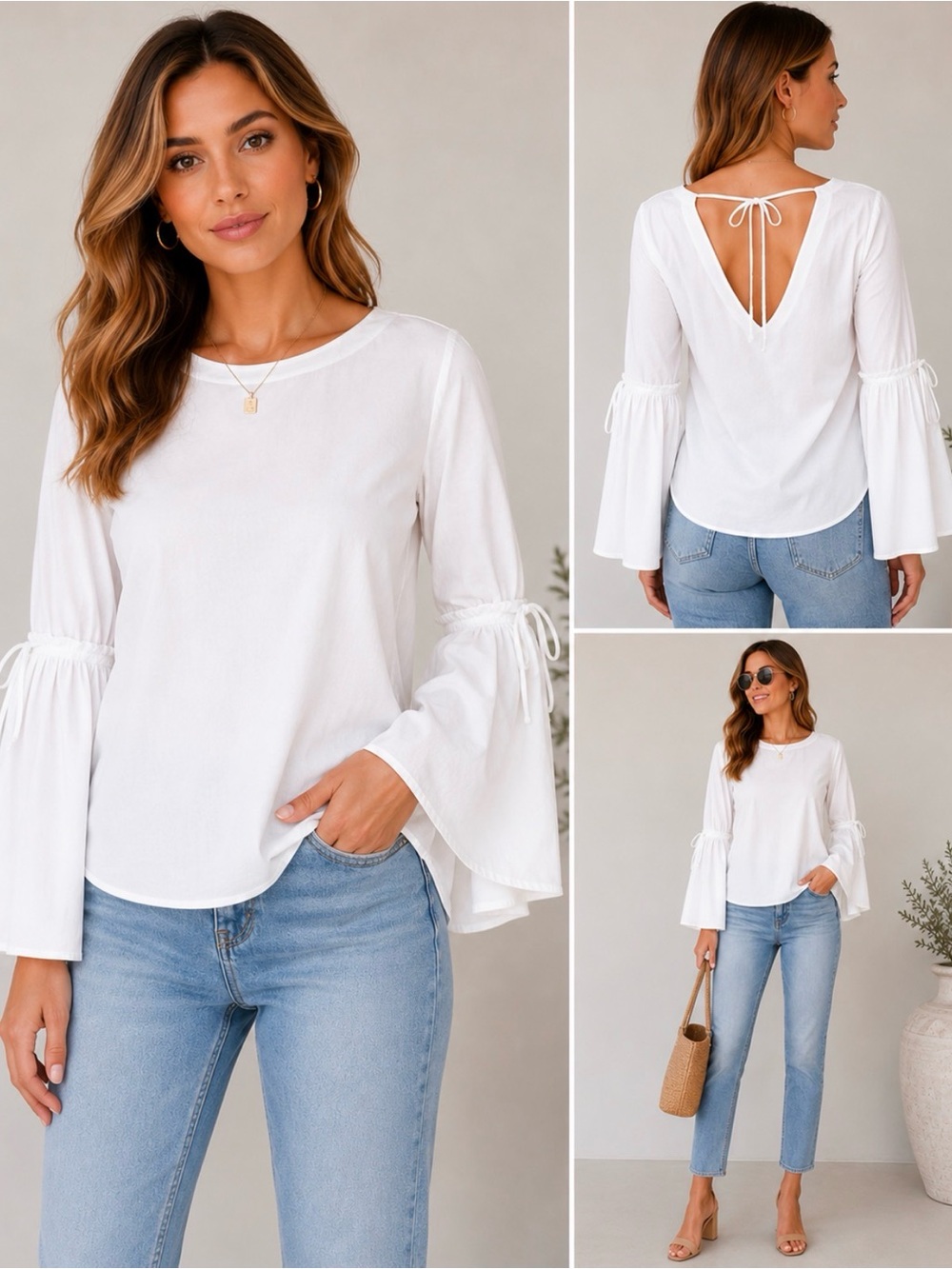 LOFT White Bell Sleeve Tie Back Boho Blouse XS